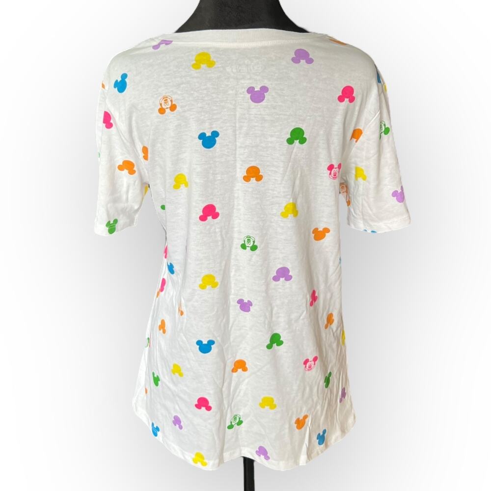 Disney Women's White with Multicolored Mickey Mouse Heads Print T-Shirt Size Med - Picture 2 of 9